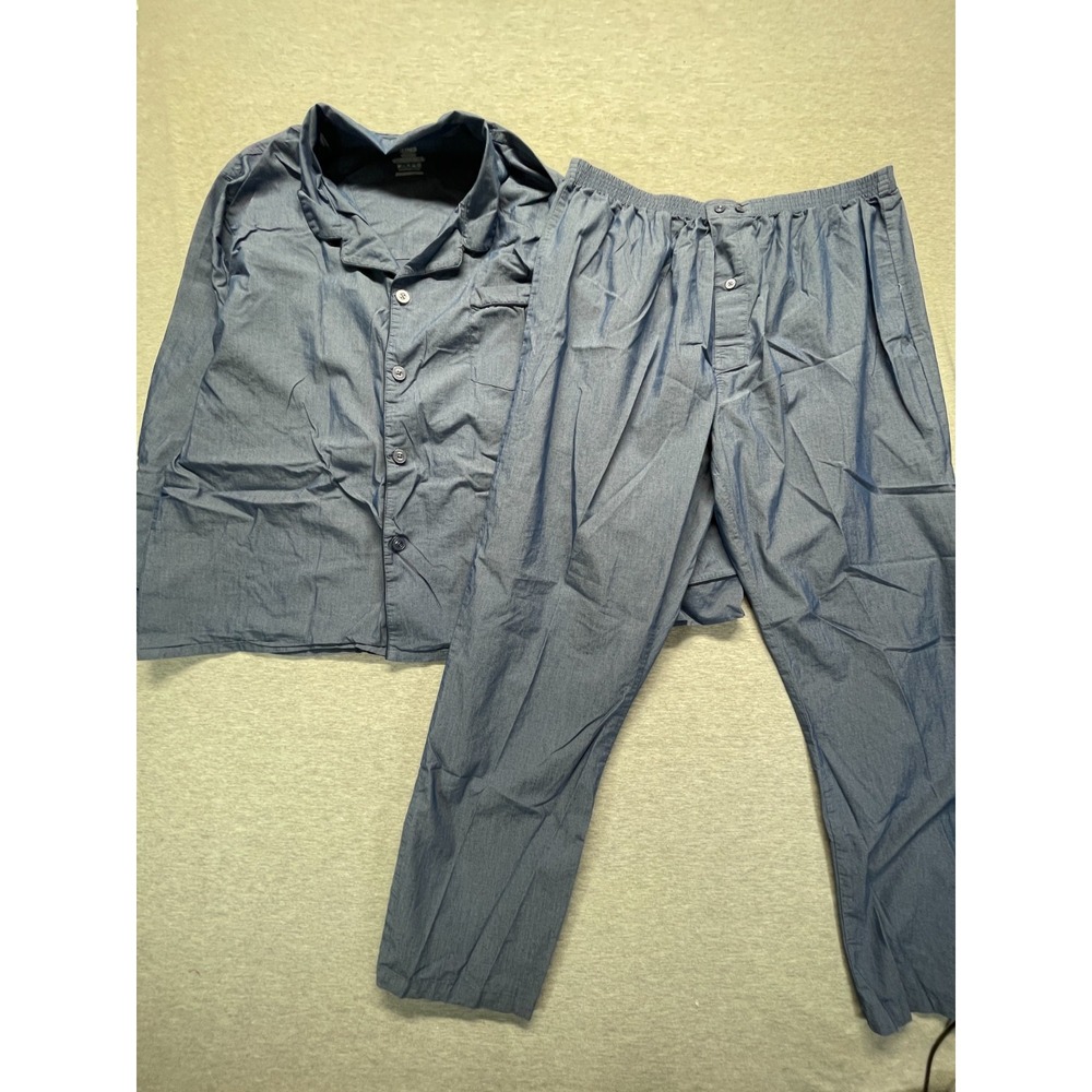 Hanes 2 Piece Pajama Set Mens XL Navy Blue Cotton Button-Up Classic Lapel Collar